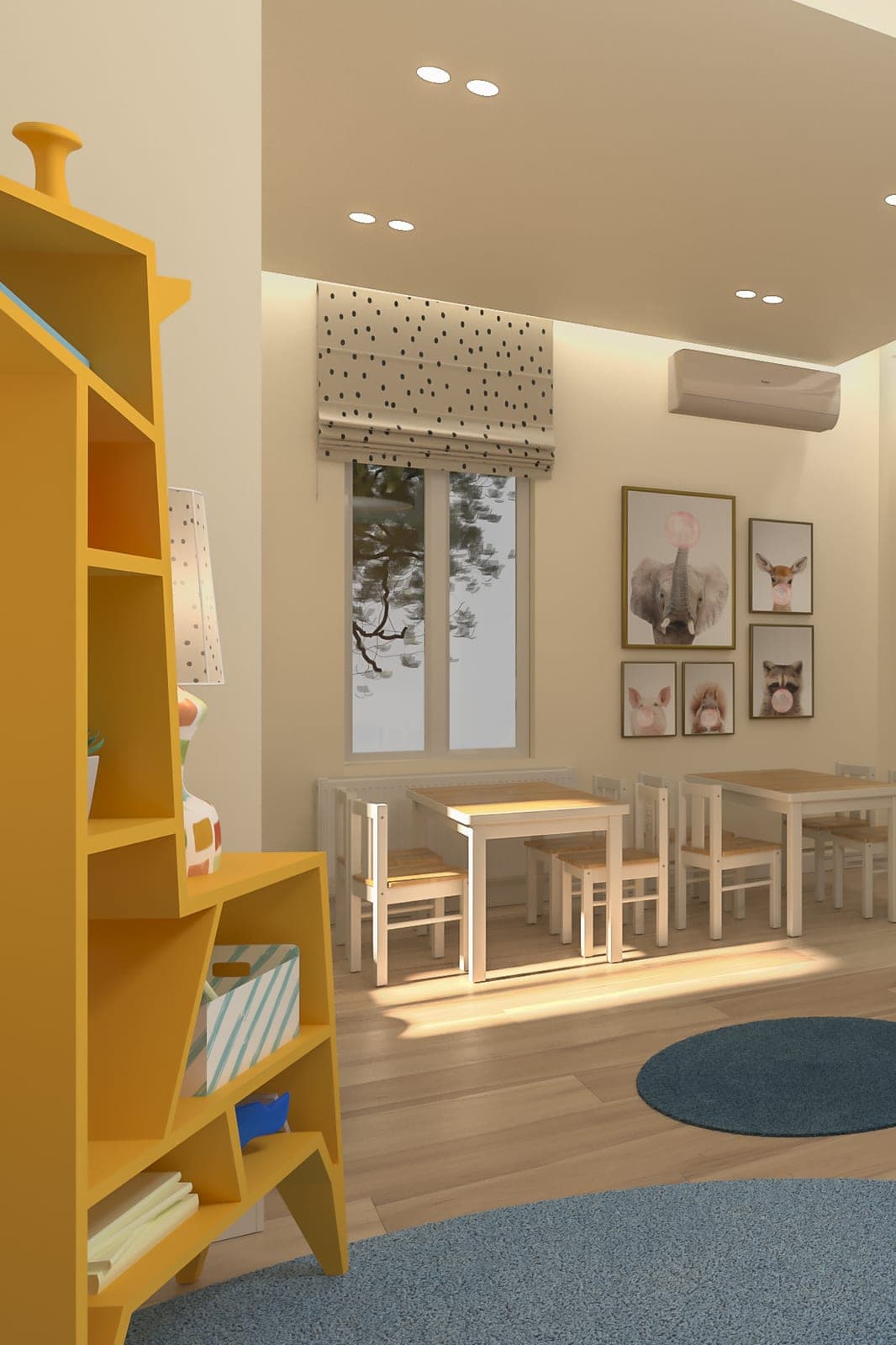 Yellow shelving wall and teepee