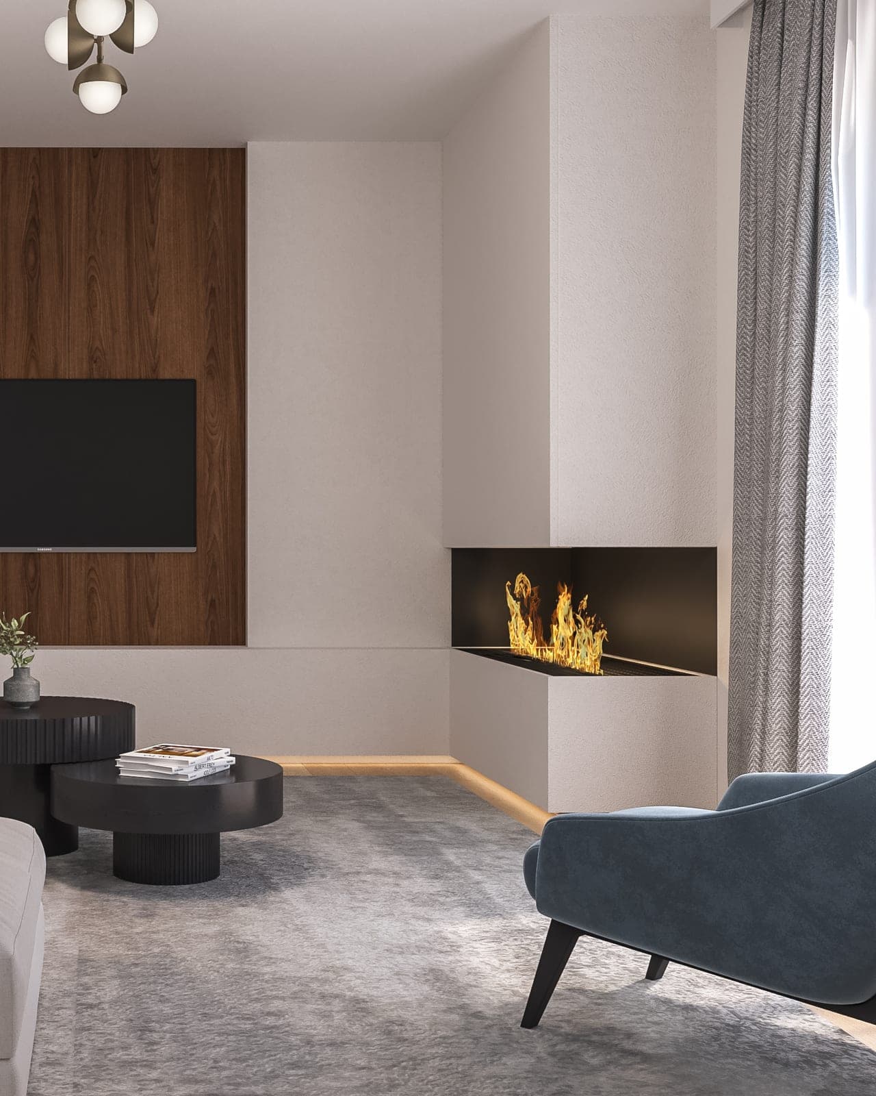 Living room with a walnut media wall and fireplace