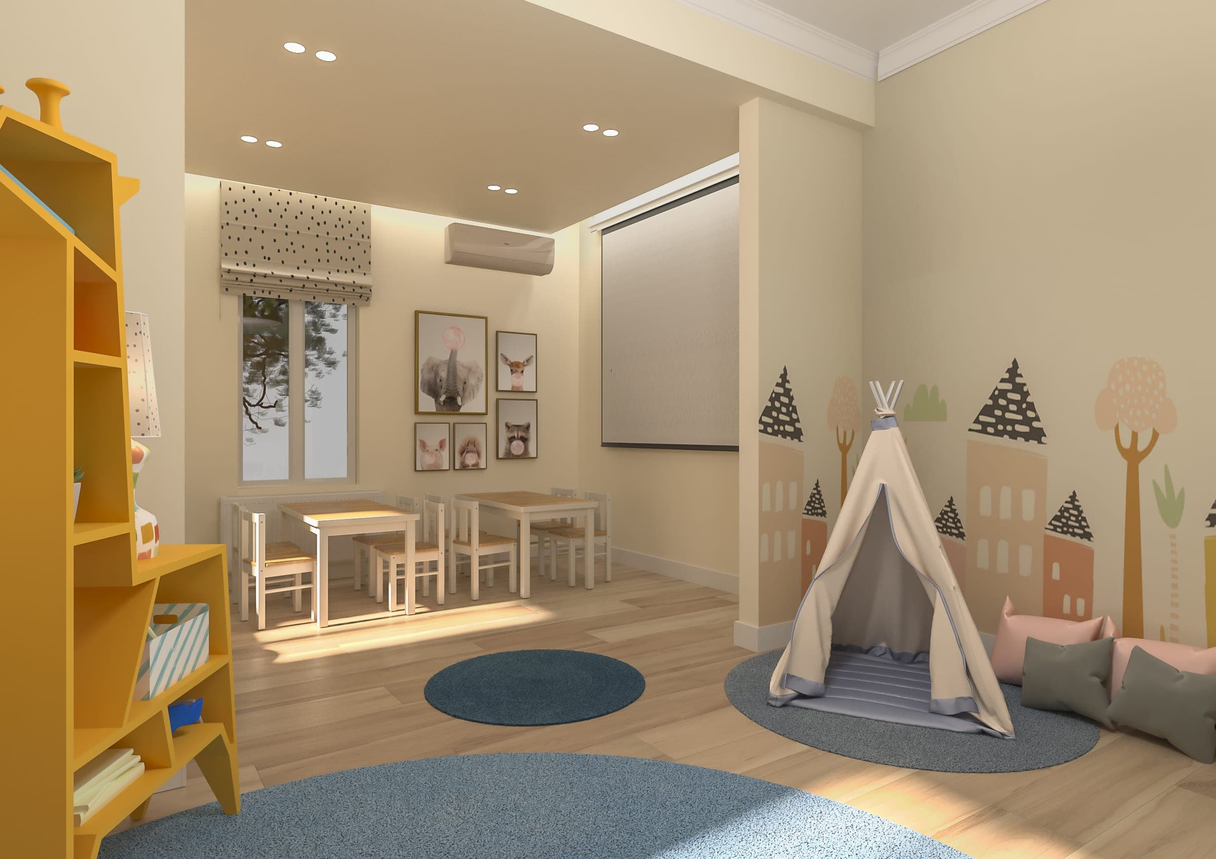 Playroom with a yellow shelving wall and a teepee
