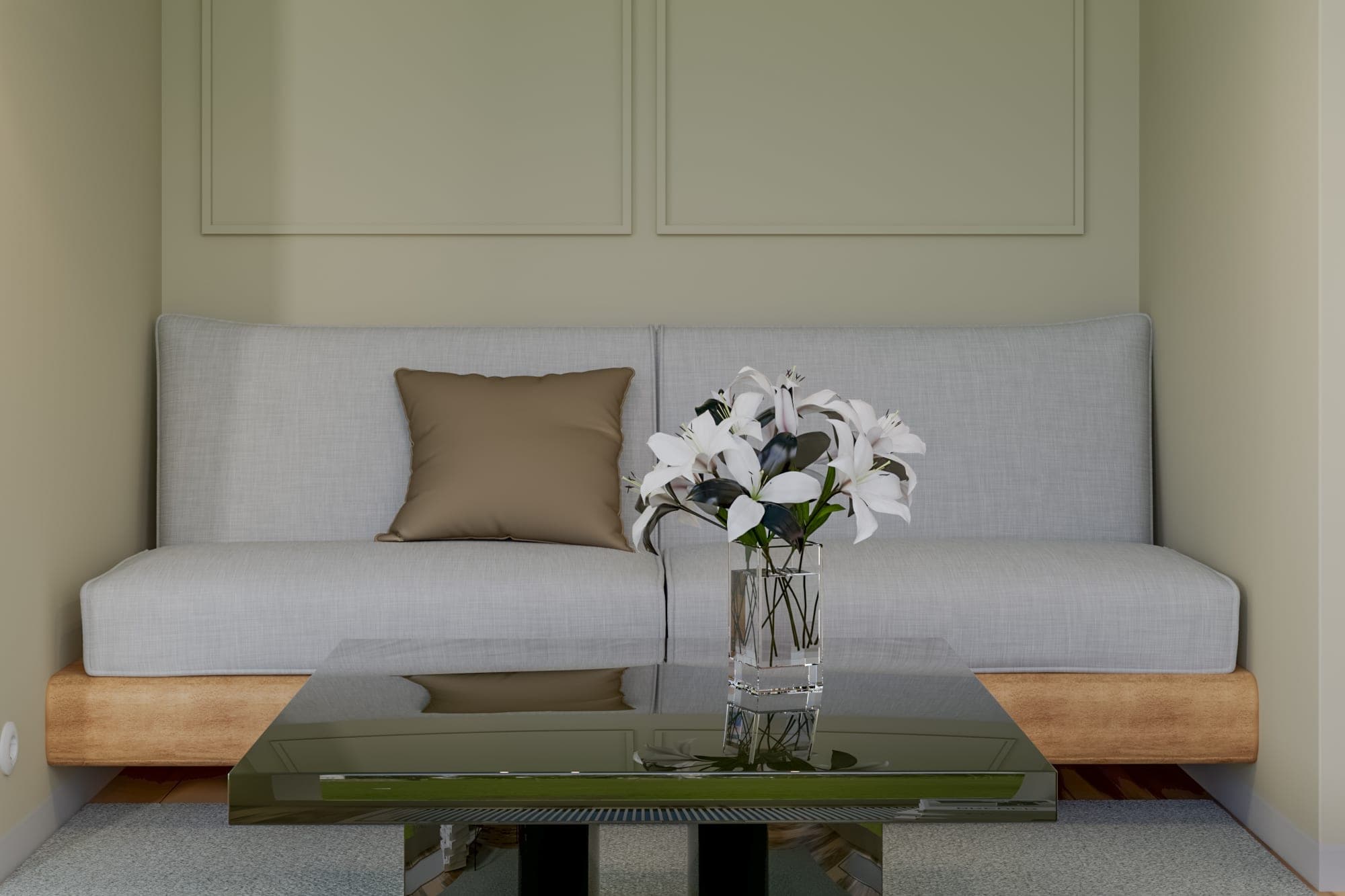 Sofa in the sage-green living room