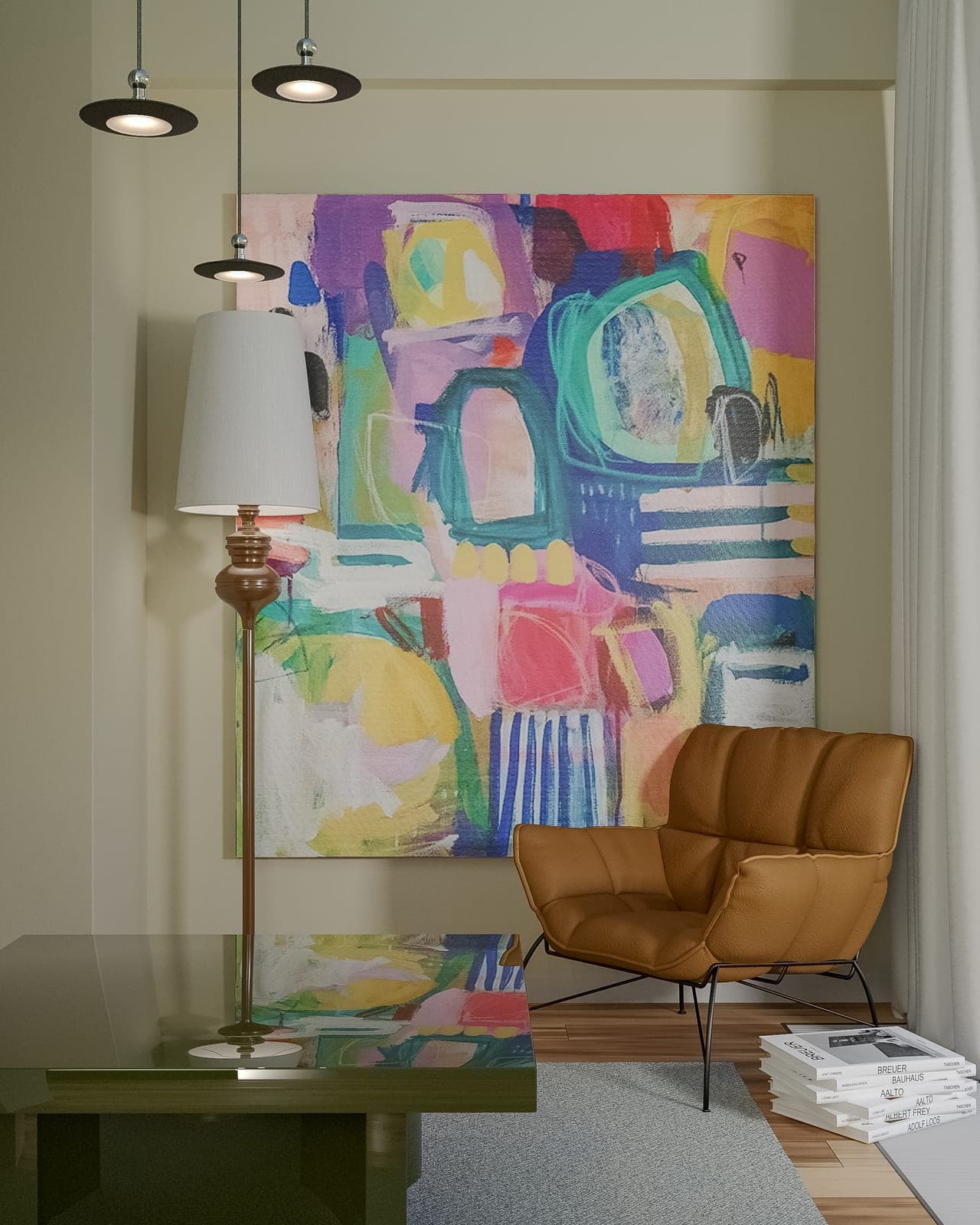 A painting and a leather armchair by the window